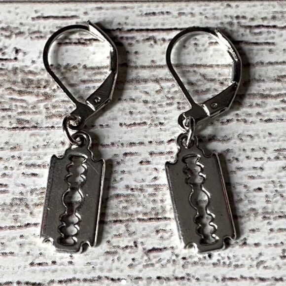 Dainty, Faux Razor Blade, Nickel Free Small Hoop Earrings - Picture 2 of 5